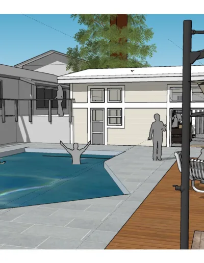 A rendering of a backyard with a swimming pool.