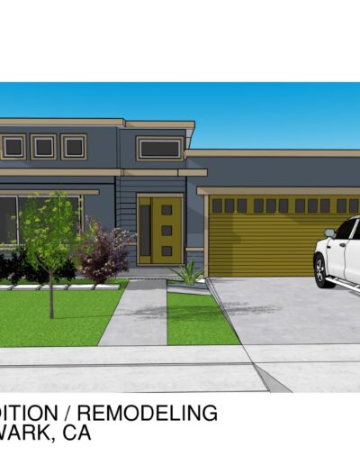 Rendering of a modern house addition and remodeling project in Newark, CA, featuring a gray facade, yellow door, two-car garage, and a white pickup truck in the driveway.