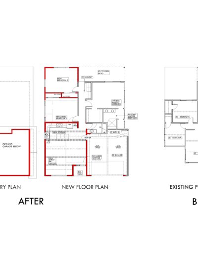 Side-by-side comparison of three architectural floor plans labeled "New Clerestory Plan," "New Floor Plan," and "Existing Floor Plan," with changes highlighted in red in the new plans.