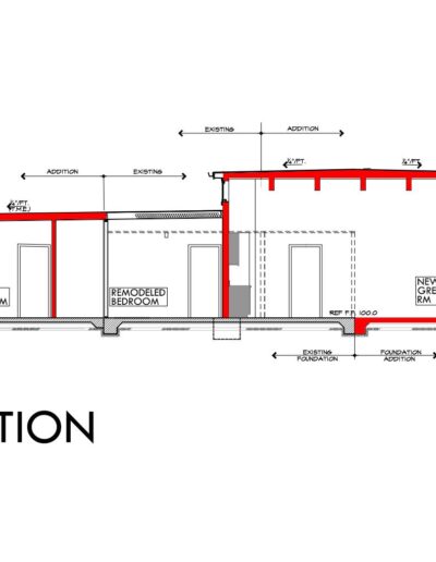 Architectural section drawing showing new and remodeled bedrooms, a new great room, and additions with structural details highlighted in red.